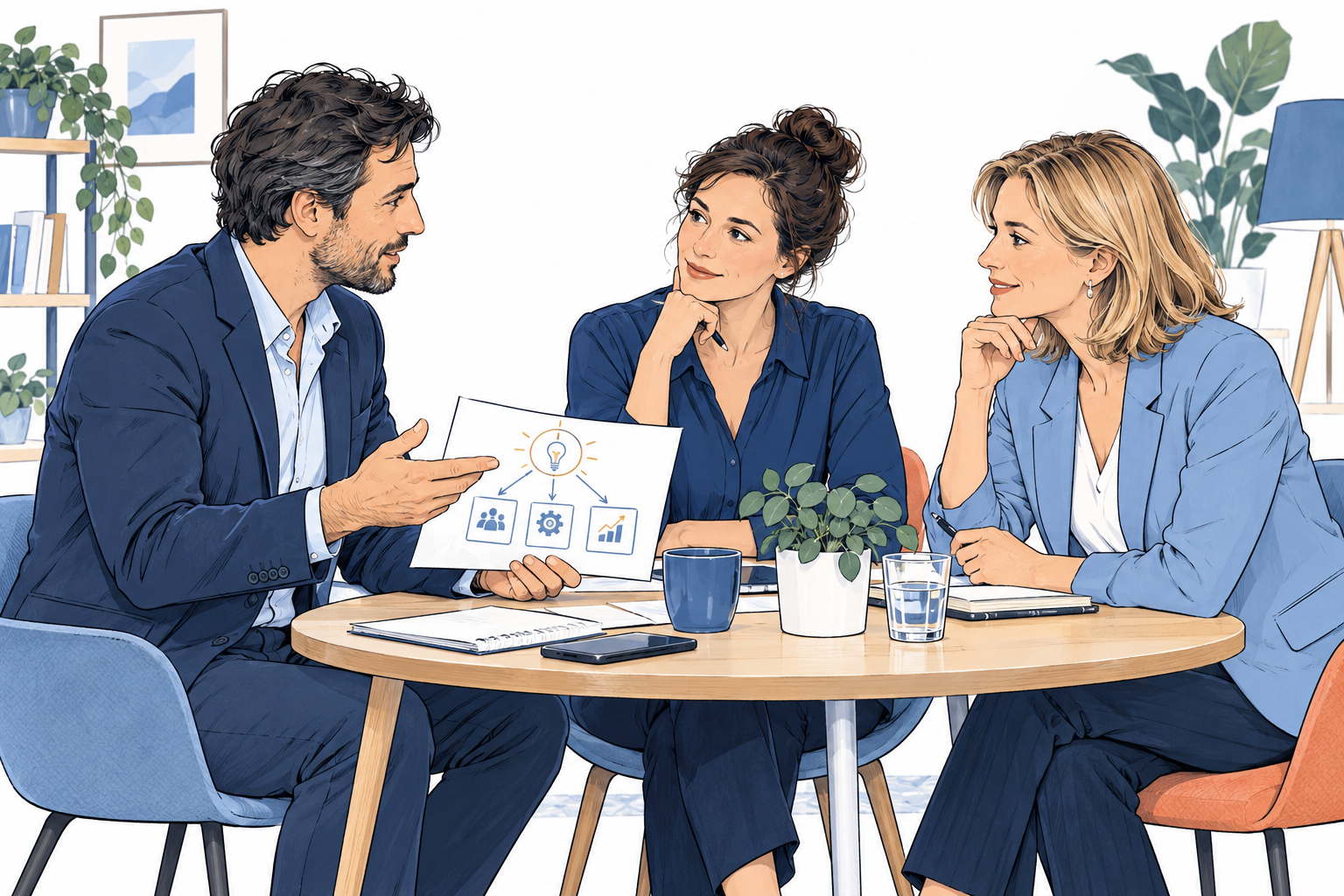 Ilustración de profesionales aprendiendo y desarrollando su autonomía en el trabajo