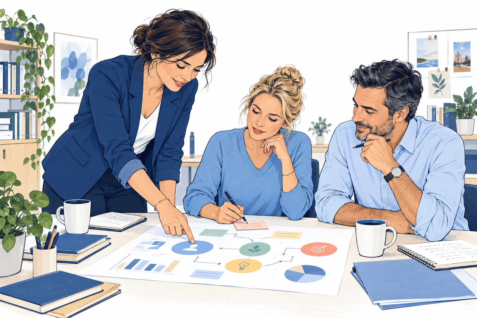 Ilustración de profesionales aprendiendo y desarrollando su autonomía en el trabajo
